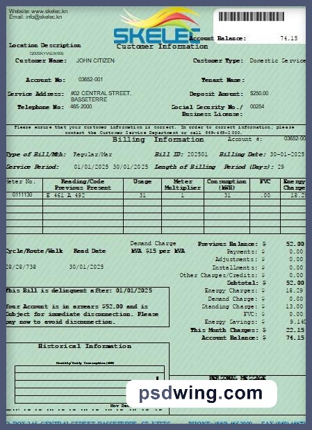 St. Kitts Electricity Company SKELEC Utility Bill